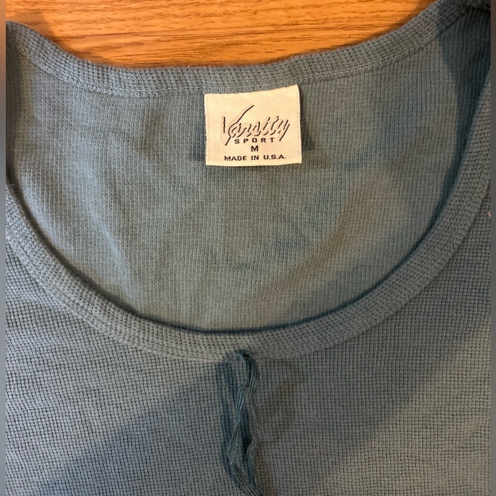 Vintage Varsity Sport Teal Waffle Knit Long Sleeve Top Women’s Medium Cotton - Picture 6 of 12